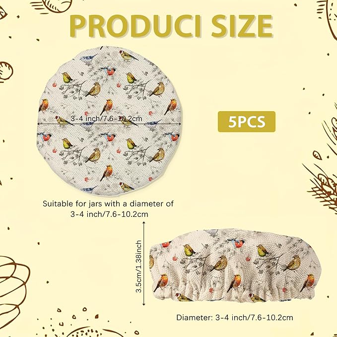 Sourdough Starter Jar Covers,5-Pack Reusable Vintage Birds Cloth Lids for 3-4 Inch Jars,Ideal for Kombucha Kefir or Cheese Fermentation