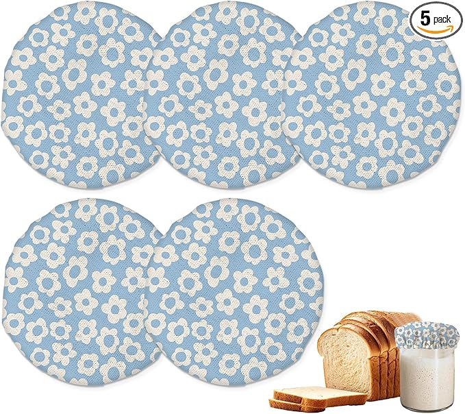 Sourdough Starter Jar Covers,5-Pack Reusable Retro Groovy Flowers Floral Blue Cloth Lids for 3-4 Inch Jars,Ideal for Kombucha Kefir or Cheese Fermentation