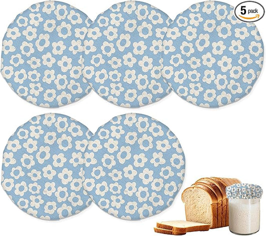 Sourdough Starter Jar Covers,5-Pack Reusable Retro Groovy Flowers Floral Blue Cloth Lids for 3-4 Inch Jars,Ideal for Kombucha Kefir or Cheese Fermentation