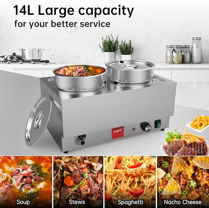 Valgus Commercial Stainless Steel Bain Marie Food Warmer 2 Round Pots Electric Soup Warmer with Lid and Tap for Home, Catering, Buffet