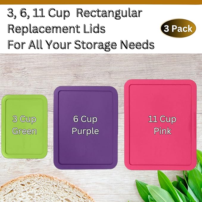 3, 6 & 11 Cup Spring Green, Purple, Pink Replacement Lids/Covers for Pyrex, Anchor Hocking & KlareWare Storage Bowls *Lids Only Glass Container Not Included* (3 Pack *One of Each Size*)