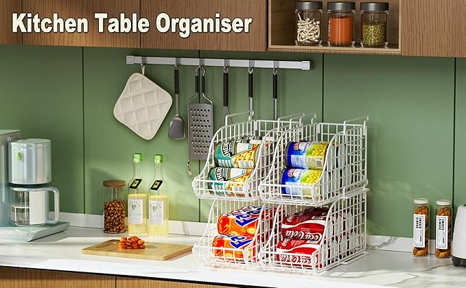 Stackable Pantry Can Dispenser Baskets 3-Pack, Standing Beverage Drink Pop Soda Can Storage Organizer Bin with Handles, Foldable Canned Food Holder for Kitchen Countertop Cabinet White