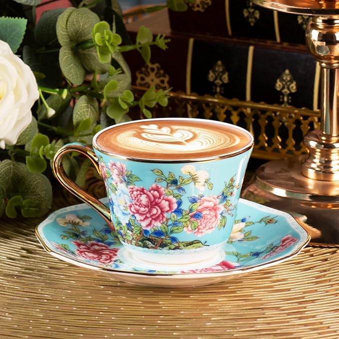 KAMMAK Porcelain Espresso Cups with Saucers, Cappuccino Cups with Saucers Set of 2, 7oz Handcrafted Ceramic Floral Coffee and Tea Cup, Vintage Drinkware for Tea Party, Holiday Gifting, Office, Gifts