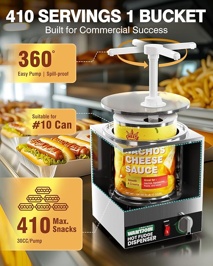WantJoin 4.6Qt Nacho Cheese Dispenser with Pump - Nacho Cheese Warmer, Commercial Hot Fudge Dispenser W/5-Level Temperature Adjustment for Caramel， Stainless Steel Hot Fudge Warmer