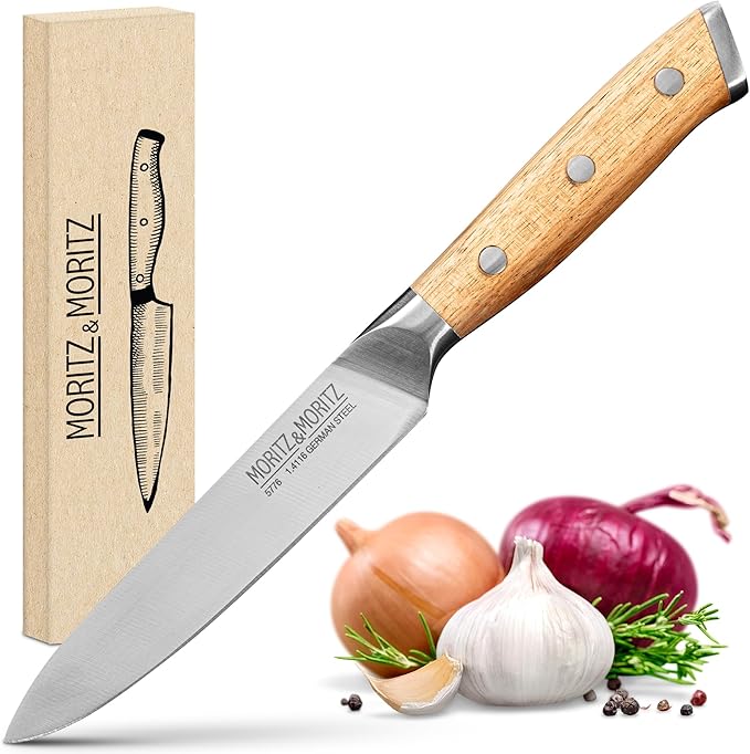 Professional Kitchen Knife 5 inches - All-Purpose Chef's Knife for Meat, Vegetables & More - Cooks Knife with Ergonomic Acacia Wood Handle - German Knife Steel