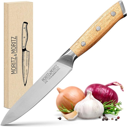 Professional Kitchen Knife 5 inches - All-Purpose Chef's Knife for Meat, Vegetables & More - Cooks Knife with Ergonomic Acacia Wood Handle - German Knife Steel