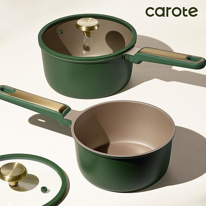 CAROTE 2QT & 2.5QT Sauce Pan Sets with Lid & Ladle Cooking Pots Nonstick Saucepans Cookware Set Small Kitchen Pot, Induction Comptable, Easy to Clean, PFOA FREE (Green)
