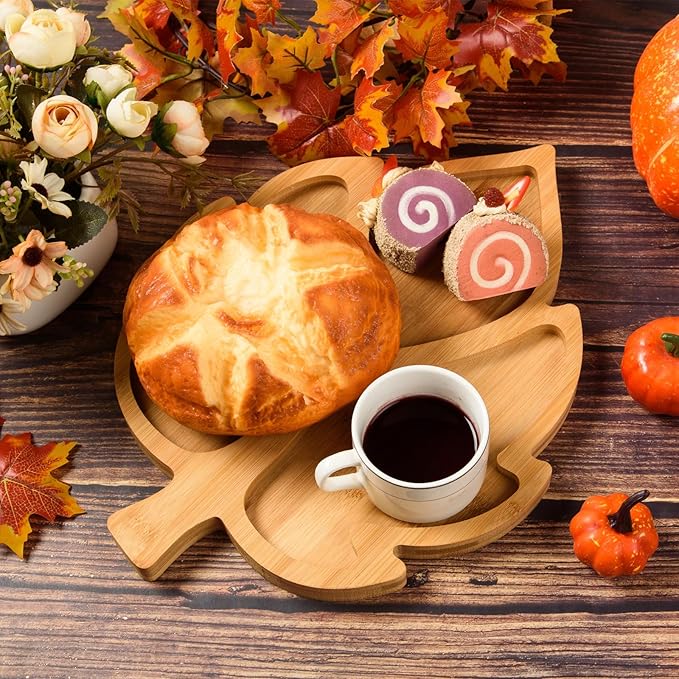 AWIZOM Leaf Wooden Serving Platter Thanksgiving Bamboo Serving Tray Wooden Snack Cheese Charcuterie Board Sectional Wood Fall Leaf Dish Plate for Fall Autumn Harvest Party Supply,11.02x14.56x0.79