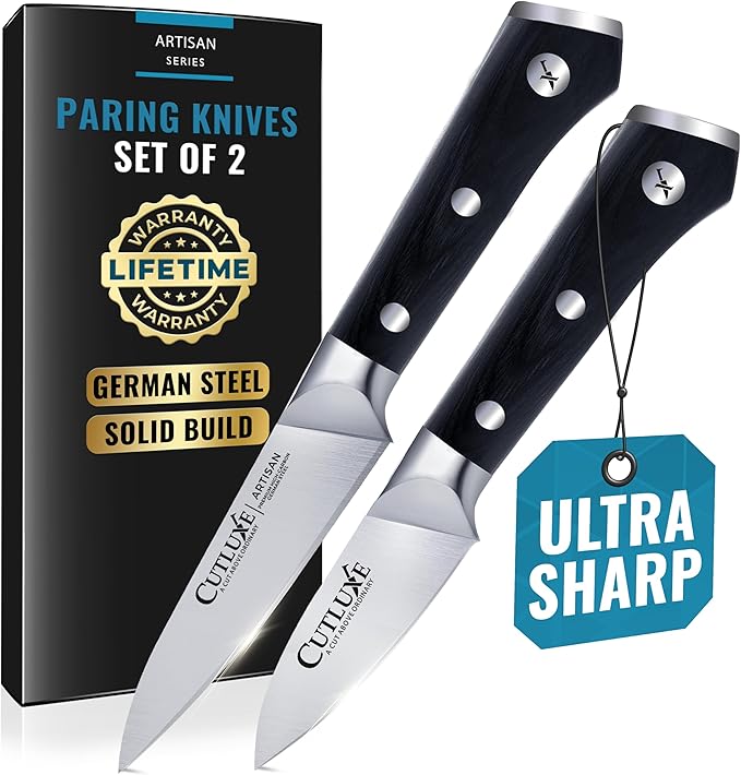 Cutluxe Paring Knife Set – 4" Fruit and 3" Peeling Knives – Small Knife with Razor Sharp Blade – High Carbon German Steel, Full Tang & Ergonomic Handle Design – Artisan Series