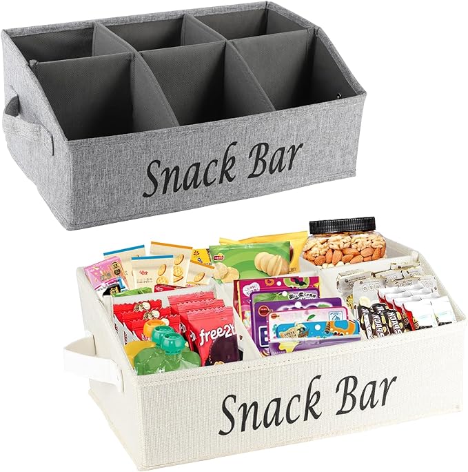 Snack Organizer for Countertop, 2 Pack Fabric Snack Container with Handles, 6 Compartment Snack Box Container Snack Basket, Snack Bar Station Decor, Kitchen Pantry Organizer and Storage