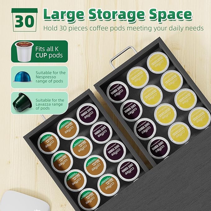 Simple Trending K Cup Organizer Coffee Pod Storage Box, Tea Organizer Holder and Drawer Storage Holds, 30 Pods Capacity, Black