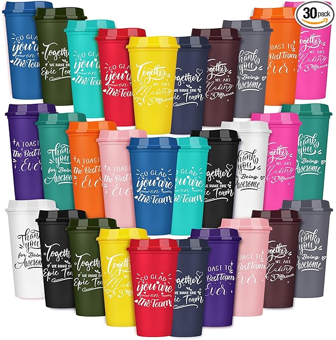 Pickmesh 30 Pcs Employee Appreciation Gifts Christmas Thank You Gift for Team Building 16 oz Teacher Plastic Coffee Cup with Lid Inspirational Travel Tumbler for Coworker Staff Pastor (Colorful)