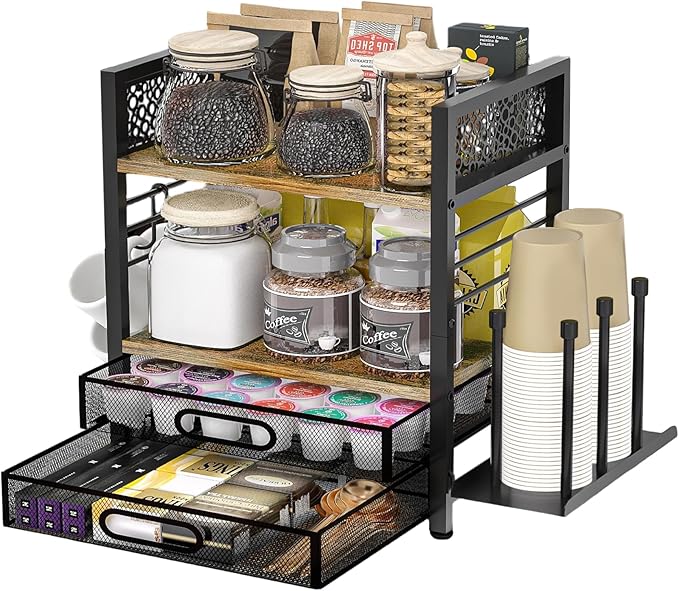 Coffee Bar Organizer - 4 Tier Coffee Station Organizer for Countertop, Coffee Bar Storage with 4 Hooks, with K Cup Storage Drawer and Cup Holder, Multifunctional Shelf for Accessories Kitchen