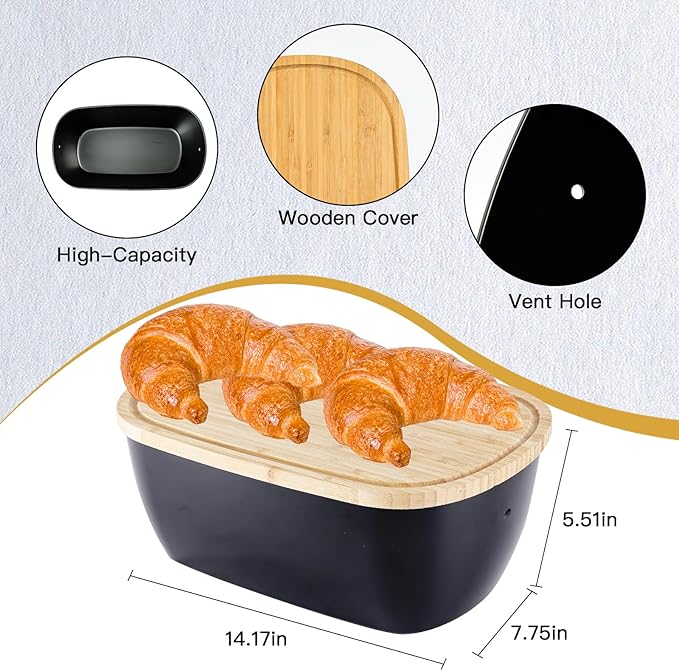 Bread Box for Kitchen Countertop - Bamboo Fiber Bread Bin with Reversible Cutting Board Lid, Juice Groove - Ventilated, Multi-Functional Storage Keeper for Freshness (14.2x7.8x5.5In, Black)