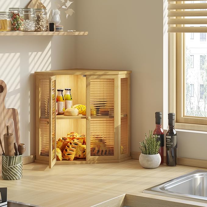 Corner bread box Bread Box for Kitchen Countertop - Corner Bread Storage Box 16.5" H, Premium Pine Wood with Glass Door, Perfect for Homemade Bread, Baguettes & Pastries (Natural)