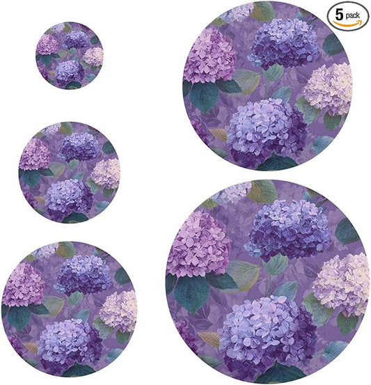 5 Pcs Bowl Covers Reusable in 5 Size Elastic Food Cover Cloth Lids Fresh Keeping Dish Cookware Bakeware Fabric Covers Lids for Food Leftovers Fruits Storage Purple Cute Hydrangeas