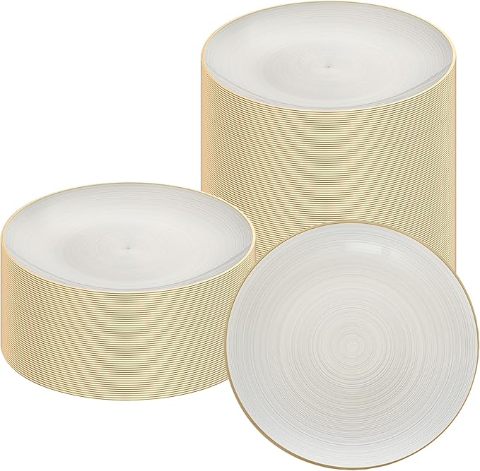 Restaurantware Plastic Plates 100 Pcs 10" Gold Rimmed Disposable Plates Heavy-Duty White Translucent Rippled Plastic Dinner Servers for Party, Weddings, Salads, Desserts, and Appetizers