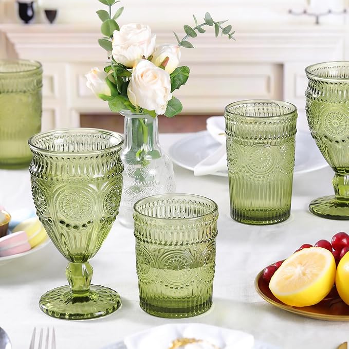 4Pcs Green Wine Glasses, 12oz Glass Goblets, Vintage Drinking Glassware, Colored Glassware Set for Party Home Wedding Baby Shower