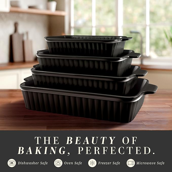COOK WITH COLOR Casserole Dishes for Oven, Porcelain Baking Dishes, Ceramic Bakeware Sets of 4, Rectangular Pans Handles for Baking Cake Kitchen