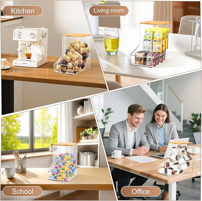 TCJJ Coffee Pod Holder With Bamboo Lid, Clear Acrylic Coffee Capsule Organizer For K Cup, 170 In³ Capacity, Can Be Placed On A Tabletop Or Mounted On A Wall, Compatible With Coffee Pod & Creamer