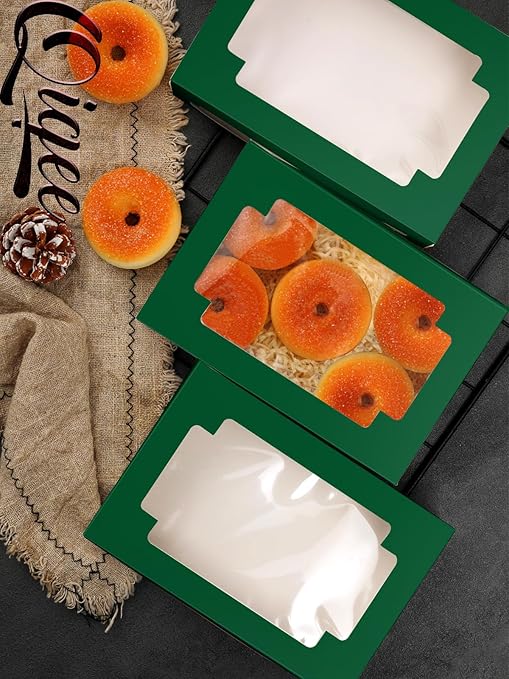 qiqee Deep Green Cookie Boxes for Gift Giving 8x5.3x2 inch 24Packs Deep Green Bakery Box with Window Treat Box for Donuts Candies and Biscuit