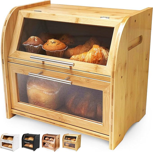 Arise Stylish Bamboo Bread Box for Kitchen Countertop, Extra Large 2-Shelf Wooden Bread Storage Container with Clear Windows and Air Vents Keep Bread, Bagels and Rolls Fresh, Self Assembly