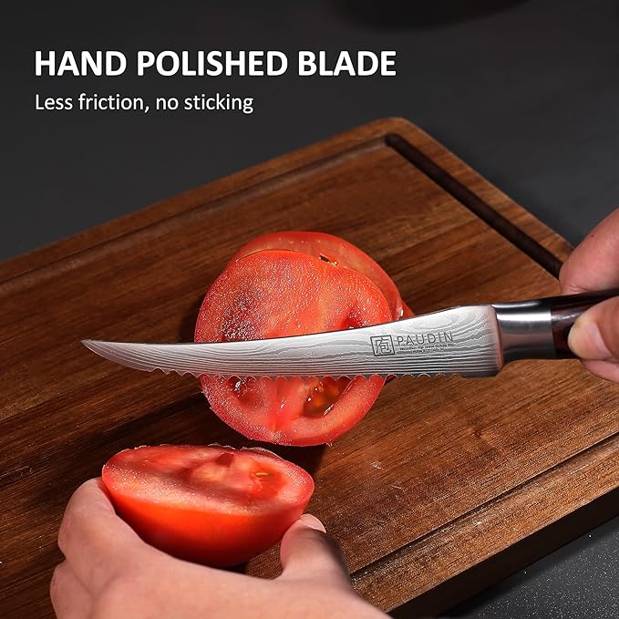 PAUDIN Tomato Knife, 5 inch Serrated Tomato Knives with Sheath, High Carbon Stainless Steel Tomato Slicer Knife for Smooth Cutting Slicing Vegetables and Fruits