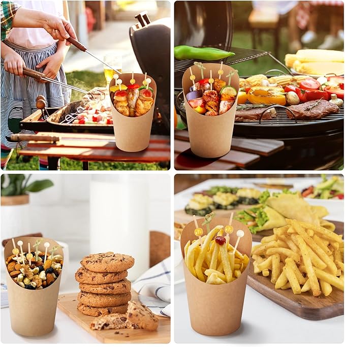 60pcs Individual 14oz Disposable Charcuterie Cups with Sticks,300pcs Cocktail Skewers,60 Portable Bags, Brown Paper Appetizer Cups for French Fry, Party Supplies