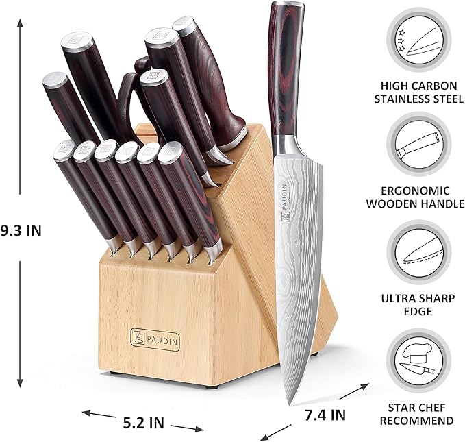 PAUDIN Kitchen Knife Set with Block, 14 Pieces Knife Sets for Kitchen with Block, High Carbon German Stainless Steel Sharp Chef Knife Set with Ergonomic Pakkawood Handle
