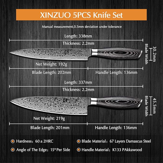 XINZUO 5-Piece Kitchen Knife,Super Sharp Damascus Steel Professional Chef Knife Set with Pakkawood Handle, Gift Box
