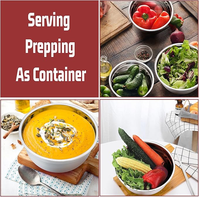 P&P CHEF Mixing Bowls With Lids, Set of 6, Stainless Steel Nesting Mixing Bowls & Fitting Lids & Non-Slip Silicone Bottom, Ideal for Mixing, Storing, Size 0.7/1/1.5/2.5/3/4.6 Qt, Red