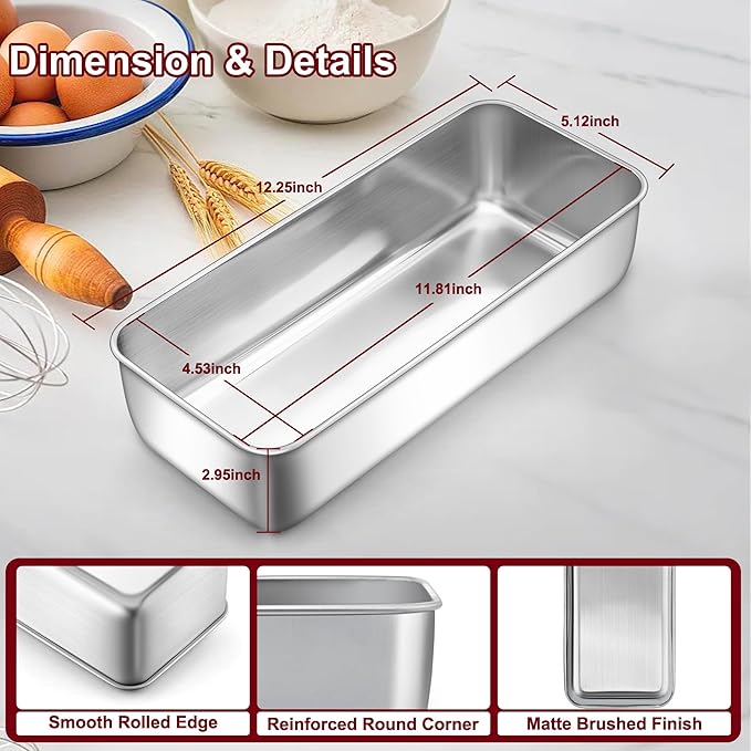 LIANYU Stainless Steel Loaf Pan, 12x5 Inch Large Bread Pan for Baking, Metal Bakeware for Meatloaf, Sourdough Bread, Lasagna, Cake, Healthy & Non Toxic, Oven & Dishwasher Safe