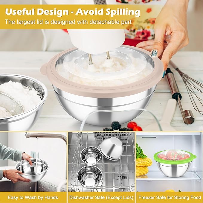 TeamFar Mixing Bowls, 3PCS Stainless Steel Serving Salad Bowls with Lids & 3 Graters, For Kitchen Mixing/Baking/Storing/Prepping, Visible & Airtight, Easy Clean - 4.5/3 / 1.5 QT, Multi-color