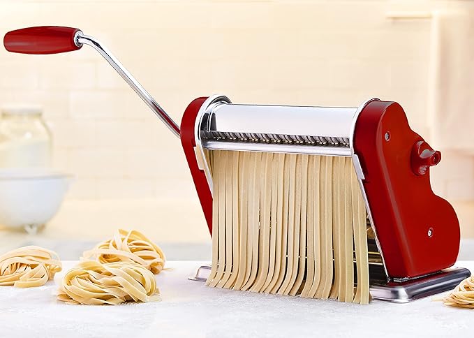 PASTALINDAClassic 200 Pasta Maker Machine, 20 cm Wide Rollers, 9 Thickness Positions, 2 Cutting Positions, Stainless Steel. Includes Reinforced Hand Crank And Two Clamps (Bordeaux)