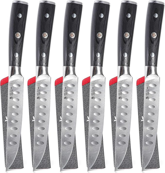 KYOKU Steak Knife Set of 6, Samurai Series 5" Steak Knives, Non Serrated High Carbon Steel Knives Set with Case Pakkawood Handles Mosaic Pins Sheaths, Ultra Sharp Dinner and Kitchen Knife Cutlery Set