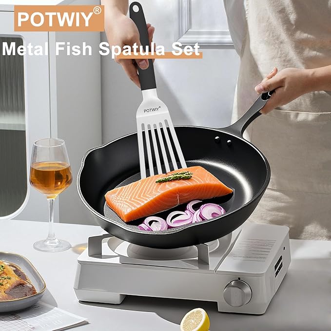 Stainless Steel Spatula Set, 13.3" Large & 11.3" Small Slotted Fish Turner with Silicone Handle, Metal Spatulas for Kitchen, Grilling, Cooking Utensils Flipper for Fish, Egg, Pancake (2 Pack)