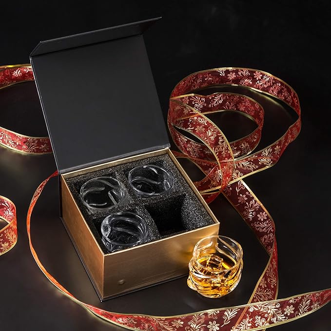 KANARS Old Fashioned Whiskey Glasses 11 Oz - Emperor Rocks Glasses Set of 4 for Bourbon Cocktail Scotch Snifter Malt Cognac - Heavy Crystal Bar Glassware - Unique Men Gift