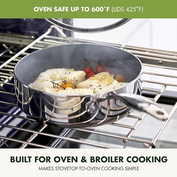 GreenPan Valencia Tri-Ply Stainless Steel 10 Piece Cookware Set, Induction Ready Pots & Pans, Mirror Finish, Dishwasher Safe & Oven/Broiler Safe to 600F, Compatible with All Cooktops, Silver