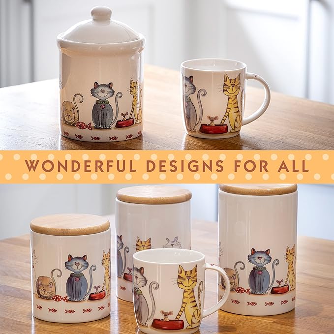 SPOTTED DOG GIFT COMPANY Ceramic Jar with Lid for Countertop, Decorative Cat Food Storage Kitchen Canister for Coffee Tea Sugar, Novelty Treat Container, Gifts for Cat Lovers Pet Owners 35oz
