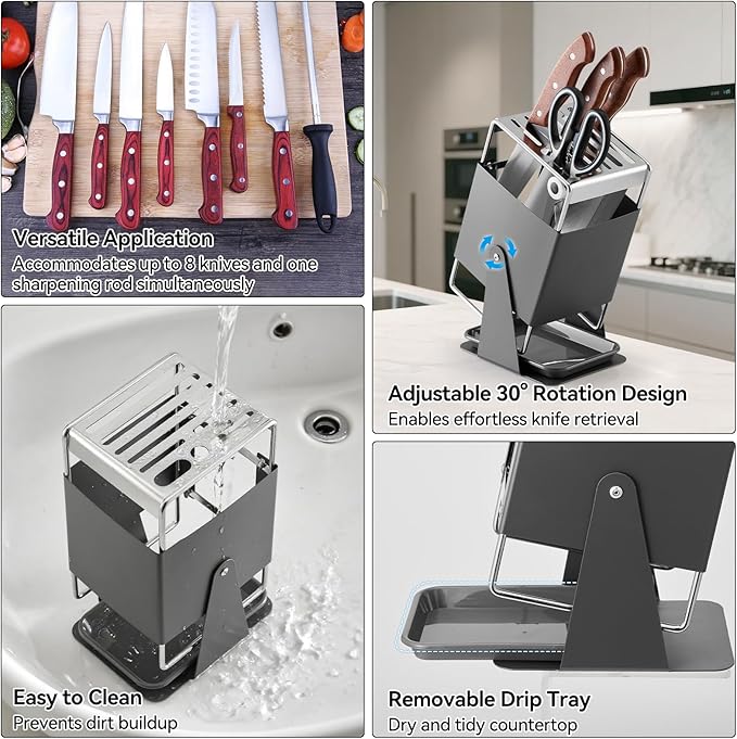 Universal Knife Block Holder - Stainless Steel Knife Holder without Knives for Kitchen Countertop Kitchen, Knife Organizer Holds 8 Knives and 1 Sharpening Steel (Grey)