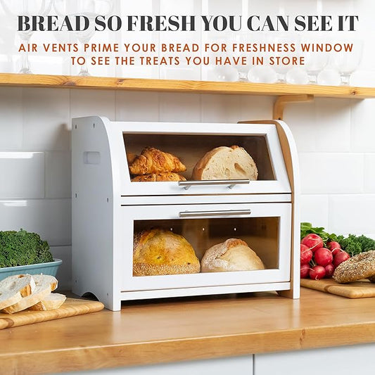 Arise Stylish Bamboo Bread Box for Kitchen Countertop, Extra Large 2-Shelf Wooden Bread Storage Container with Clear Windows and Air Vents Keep Bread, Bagels and Rolls Fresh, Self Assembly