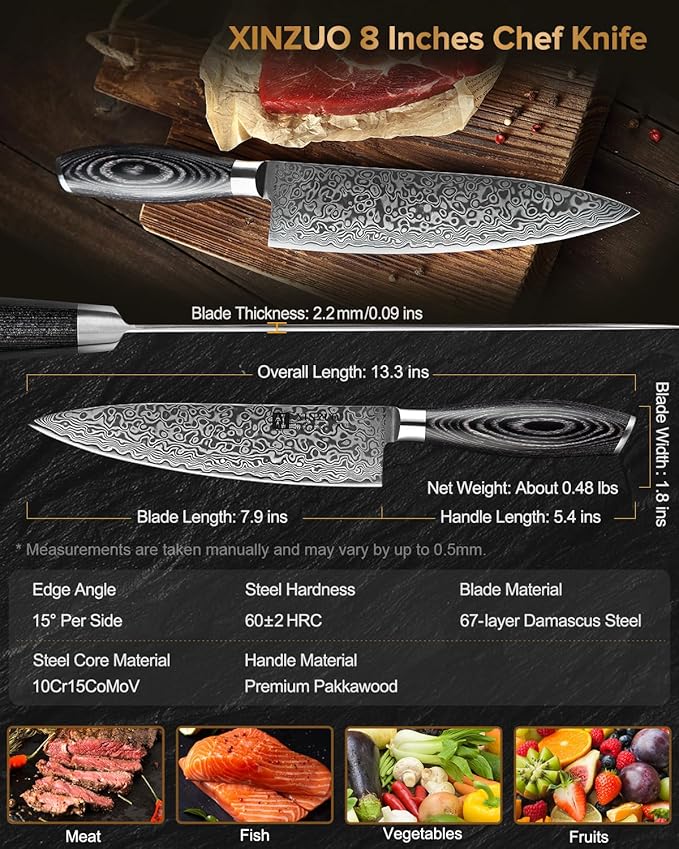 XINZUO Damascus Gyuto Chef Knife with Sheath 8 Inch,Sharp Kitchen Knife Professional,Pakkawood Handle, Chef Gift Box