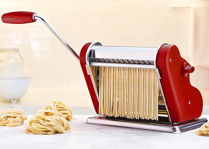 PASTALINDAClassic 200 Pasta Maker Machine, 20 cm Wide Rollers, 9 Thickness Positions, 2 Cutting Positions, Stainless Steel. Includes Reinforced Hand Crank And Two Clamps (Bordeaux)
