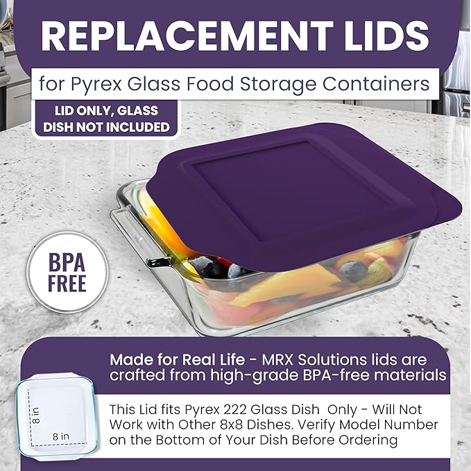 Replacement Lid for Pyrex 2-Quart 8" x 8" Glass Baking Dish #222, Compatible with Lid #222-PC, Food Storage Container Cover with Flush Tab Handles (Purple)