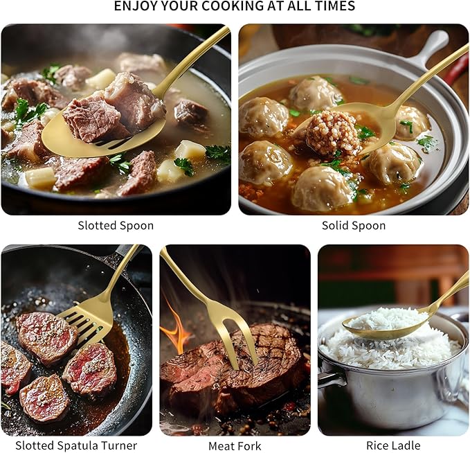 304 Stainless Steel Kitchen Cooking Utensils Set - 9 PCS Serving Utensils, Include Skimmer, Soup Ladle, Spaghetti Server, Wok Spatula, Slotted & Solid Spoon, Slotted Spatula Turner, Meat Fork (Gold）