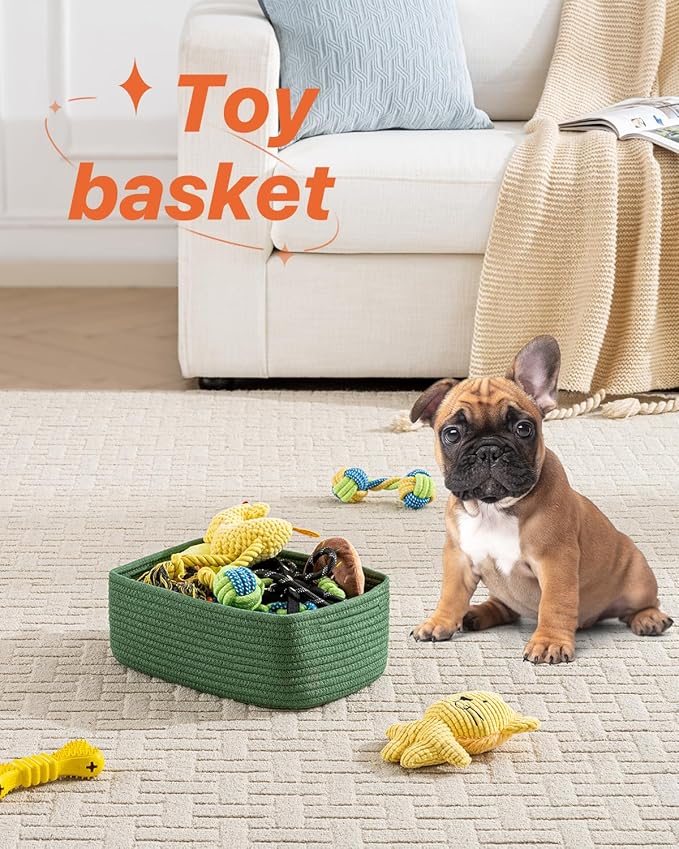 Small Woven Basket, 12 x 8 x 4.5 Inches, Storage Basket for Organizing, Cute Small Rope Shelf Closet Cube Storage Bins Baskets for Shelves, Dog Toy Gift Baskets Empty, 3 Packs, Green