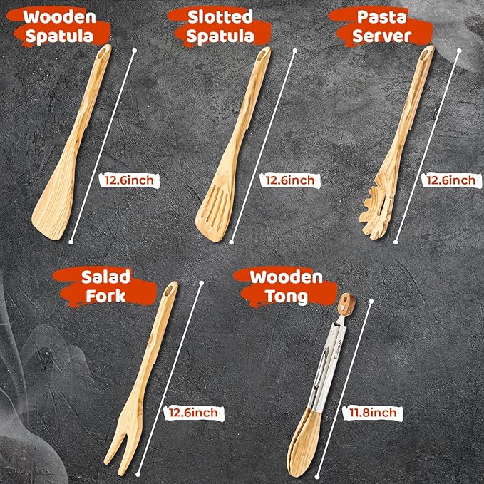 Olive Wood Cooking Utensils Set, 5 PCS Wooden Spoons for Cooking Includes Stainless/Wood Tong, Natural Non-Stick Wooden Utensils Set with Innovative Finger Groove & Non-Slip Notch Design