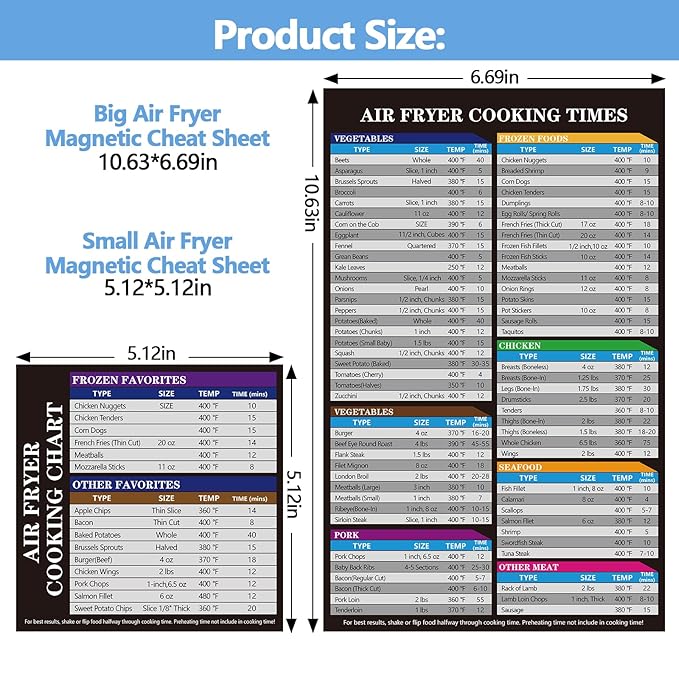 Air Fryer Magnet Cheat Sheet Set, 2PCS Ultimate Air Fryer Accessories Kit with Cooking Times Chart, Strong Magnetic Quick Reference Guide for Ninja, Instant Pot, All Air Fryers.