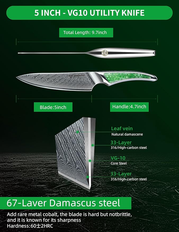 5 inch Utility Knife, Japanese VG-10 Damascus Steel Kitchen Knife, Ultra Sharp Fruit Knife with Full-tang Handle in Green Resin, LA-S9 Series