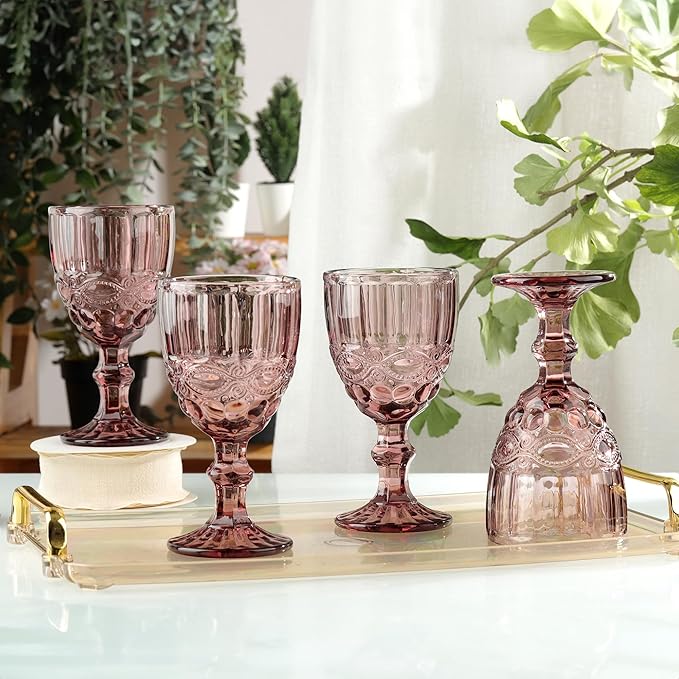 Joeyan Purple Vintage Wine Glasses,Clear Water Goblet Glasses,Stemmed Drinking Glasses with Embossed Pattern,Colored Glassware Set for Wedding Party Banquet Feast,10 oz,Set of 4,Dishwasher Safe